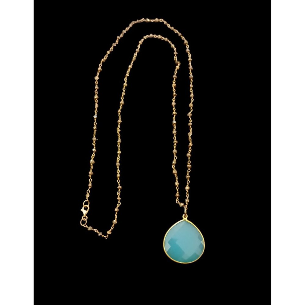 925 Sterling Silver Two Tone Natural Stone 28" Long Tear Drop Pendant